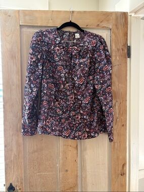 Rebecca Taylor La Vie Navy Floral Long-Sleeve Blouse with Pink Roses